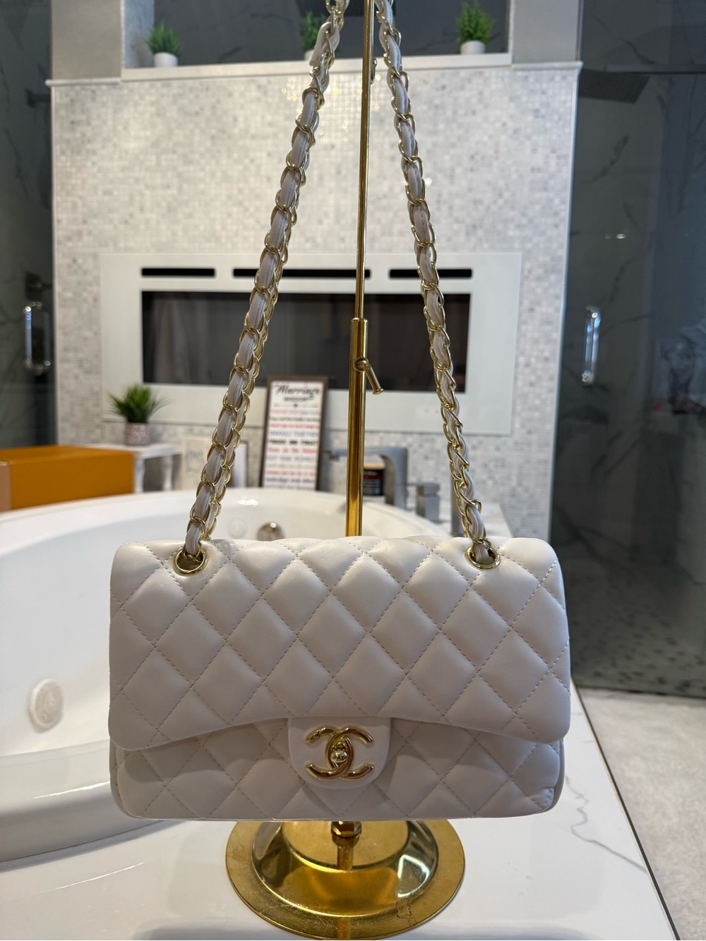 CC White Quilted Shoulder Bag with Gold Chain Strap